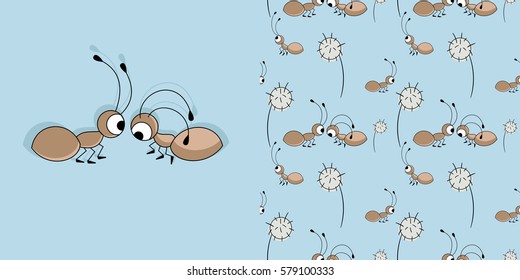 Cute ants. Vector illustration. And seamless pattern with ants and dandelions.