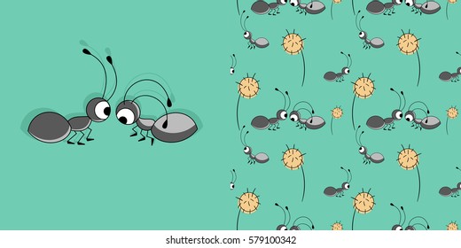 Cute ants. Vector illustration. And seamless pattern with ants and dandelions.