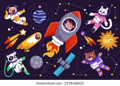 Cute apace animals funny astronauts characters wearing spacesuit flying in rocket through starry universe galaxy vector illustration. Dog, monkey, cat, bear, panda cosmonauts childish personage