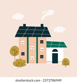 Cute apartment house. Country cottage among trees in Scandinavian style. Colorful cozy buildings with smoke from a chimney in flat style. Vector stock illustration.