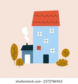 Cute apartment house with a red tiled roof in a Scandinavian style. Country residential estate, cottage or villa surrounded by autumn plants in flat style. Vector stock illustration in flat style.