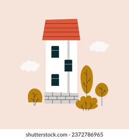 Cute apartment house with a red tiled roof in a Scandinavian style. Residential estate, cottage or villa surrounded by green plants in flat style. Vector stock illustration in flat style.