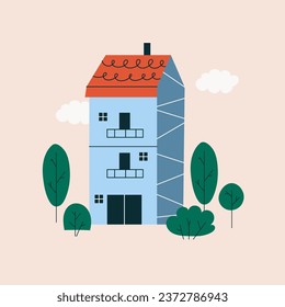 Cute apartment house with a tiled roof. Country cottage among trees in Scandinavian style. Colorful cozy buildings with smoke from a chimney in flat style. Vector stock illustration.