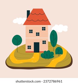 Cute apartment house with a tiled roof. Country cottage among trees in Scandinavian style. Colorful cozy buildings with smoke from a chimney in flat style. Vector stock illustration.