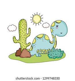 cute apatosaurus with cactus in the landscape