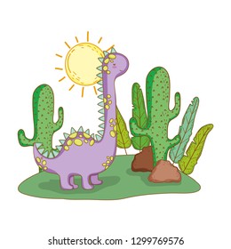 cute apatosaurus with cactus in the landscape
