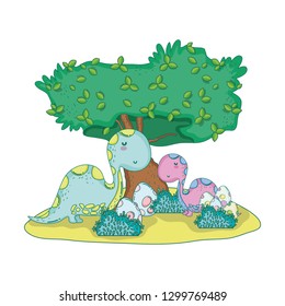 cute apatosaurus couple with tree in the landscape