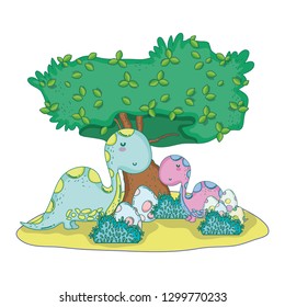 cute apatosaurus couple with tree in the landscape