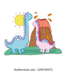 cute apatosaurus couple with volcano