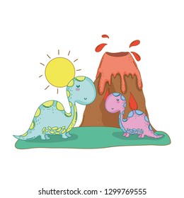 cute apatosaurus couple with volcano