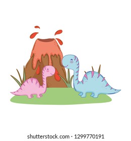 cute apatosaurus couple with volcano