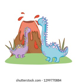 cute apatosaurus couple with volcano