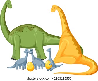 Cute apatosaurus dinosaur and baby cartoon character illustration