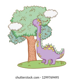 cute apatosaurus with tree in the landscape