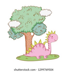 cute apatosaurus with tree in the landscape