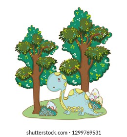 cute apatosaurus with tree in the landscape