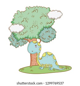 cute apatosaurus with tree in the landscape