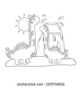 cute apatosaurus with volcano scene