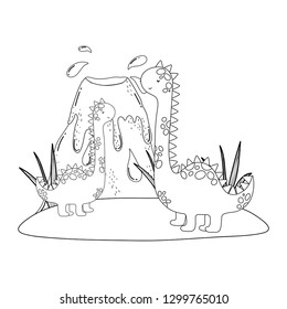 cute apatosaurus with volcano scene