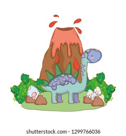 cute apatosaurus with volcano scene