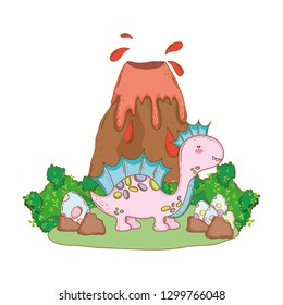cute apatosaurus with volcano scene