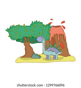 cute apatosaurus with volcano scene