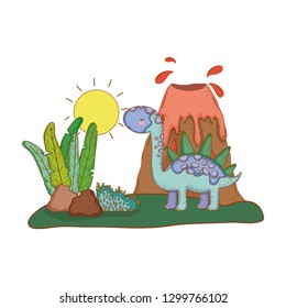 cute apatosaurus with volcano scene