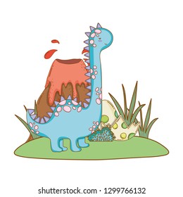 cute apatosaurus with volcano scene
