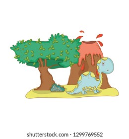 cute apatosaurus with volcano scene