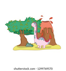 cute apatosaurus with volcano scene