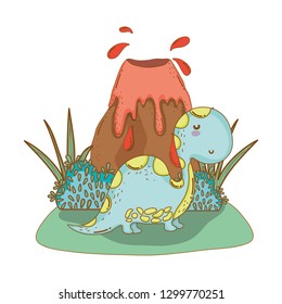 cute apatosaurus with volcano scene