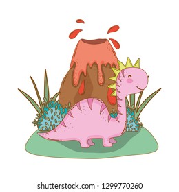 cute apatosaurus with volcano scene