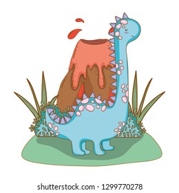 cute apatosaurus with volcano scene