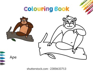 Cute ape sitting on e branch. Colour book. Cartoon illustration vector. 