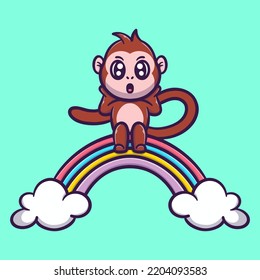Cute apes with rainbow cartoon vector icon illustratioon