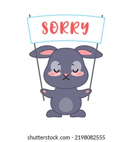 Cute apologizing bunny. Flat cartoon illustration of a little black rabbit holding a sign with the text "sorry" isolated on a white background. Vector 10 EPS.