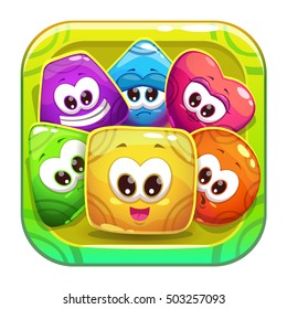 Cute app icon with group of funny colorful glossy shape characters. Cartoon asset for game or web design.