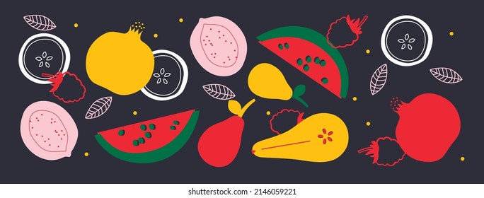 Cute appetizing fruit and berries collection. Decorative abstract horizontal banner with colorful doodles. Hand-drawn modern illustrations with fruit and berries, abstract elements. Abstract series