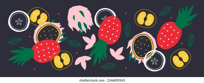 Agradable colección de frutas y bayas. Banner horizontal abstracto decorativo con doodles coloridos. Ilustraciones modernas hechas a mano con frutas y bayas, elementos abstractos. Serie abstracta