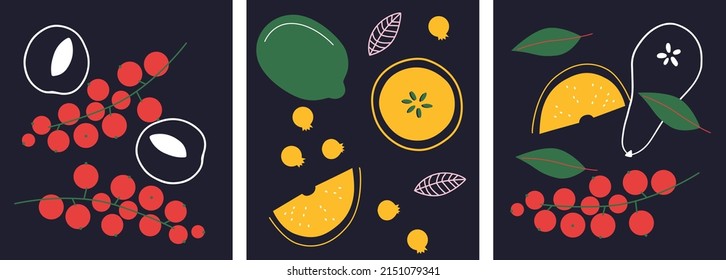 Cute appetizing fruit and berries collection. Decorative abstract horizontal banner with colorful doodles. Hand-drawn modern illustrations with fruit and berries, abstract elements. Abstract series