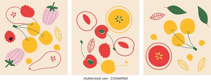 Cute appetizing Fruits and berries collection. Decorative abstract horizontal banner with colorful doodles. Hand-drawn modern illustrations with Fruits and berries, abstract elements. 