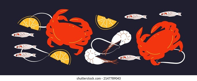 Cute appetizing Seafood collection. Decorative abstract horizontal banner with colorful doodles. Hand-drawn modern illustrations with Seafood, abstract elements. Abstract Shrimp, lobster, fish, crab.