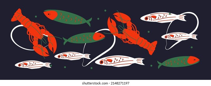 Cute appetizing Seafood collection. Decorative abstract horizontal banner with colorful doodles. Hand-drawn modern illustrations with Seafood, abstract elements. Abstract Shrimp, lobster, fish, lemon.