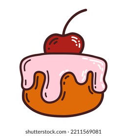 Cute appetizing sweet cherry cake in doodle style with hatching on white background, a hand drawn vector doodle illustration