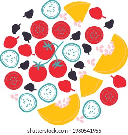 Cute appetizing vegetables collection. Decorative abstract circle drawing with colorful doodles vegetables . Hand-drawn modern illustrations with vegetables, abstract elements.
