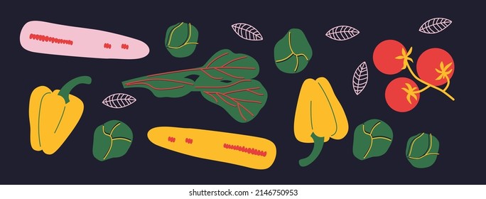 Atractiva colección de verduras. Banner horizontal abstracto decorativo con doodles coloridos. Ilustraciones modernas hechas a mano con vegetales, elementos abstractos. Tomate abstracto, pimiento, etc.
