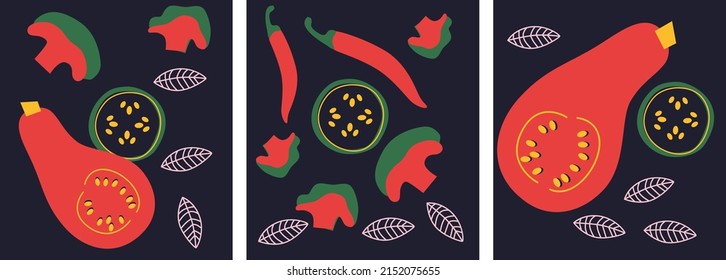 Cute appetizing Vegetables collection. Decorative abstract horizontal banner with colorful doodles. Hand-drawn modern illustrations with Vegetables, abstract elements. Abstract pumpkin, pepper, ect.