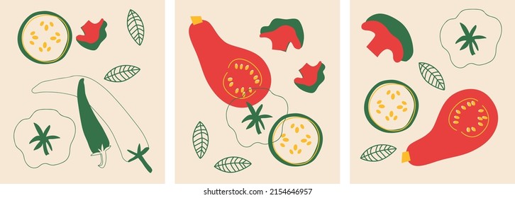 Atractiva colección de verduras. Banner horizontal abstracto decorativo con doodles coloridos. Ilustraciones modernas hechas a mano con vegetales, elementos abstractos. 