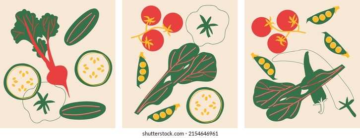 Cute appetizing Vegetables collection. Decorative abstract horizontal banner with colorful doodles. Hand-drawn modern illustrations with Vegetables, abstract elements. Greens, cherry, peas