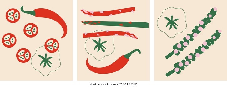 Atractiva colección de verduras. Banner horizontal abstracto decorativo con doodles coloridos. Ilustraciones modernas hechas a mano con vegetales, elementos abstractos. 